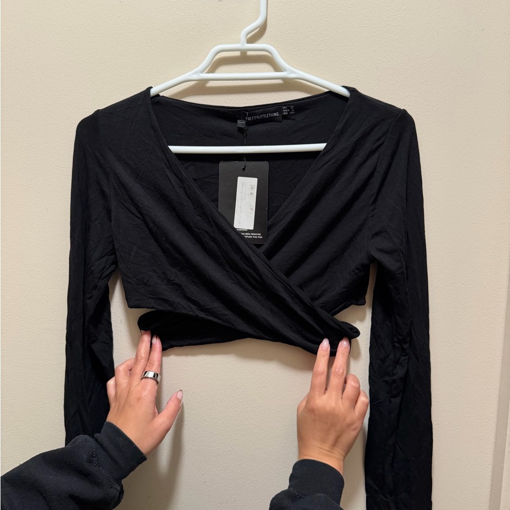 PLT - Fitted Black Wrap Crop Top